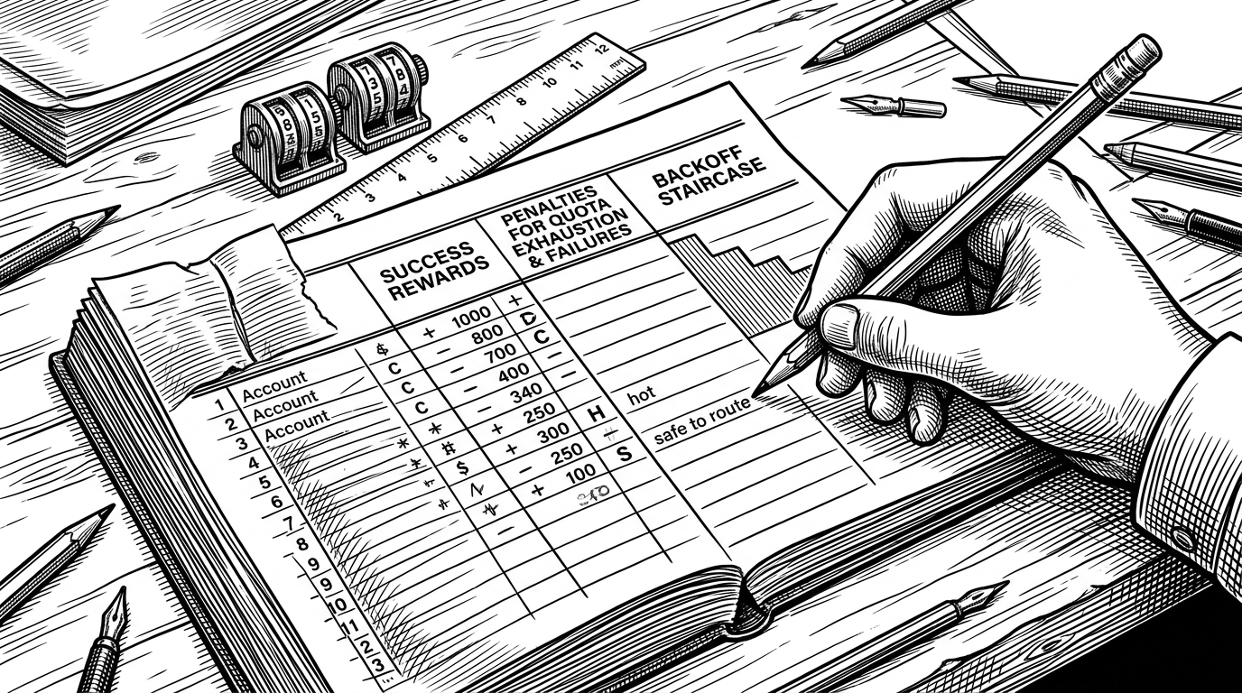 A close-up ledger on a workbench shows success rewards, failure penalties, and a backoff staircase with uneven steps. A hand marks one account as cooling, another as hot, and a third as safe to route, explaining how the rotation system makes identity selection feedback-driven.