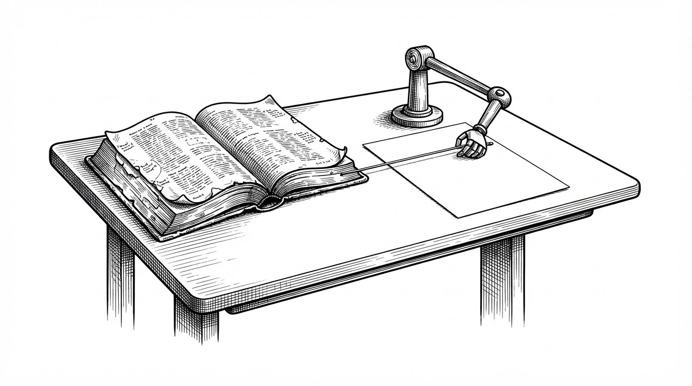 An editorial illustration of a drafting table seen from a three-quarter angle. On the left sits an open, worn manual with dog-eared pages and hand-annotated margins. On the right, a small faceless brass clockwork arm hovers over a blank sheet. A single taut wire runs from the open book to the arm's wrist joint. The image stands for an AGENTS.md file feeding current documentation to a coding agent before it writes anything.