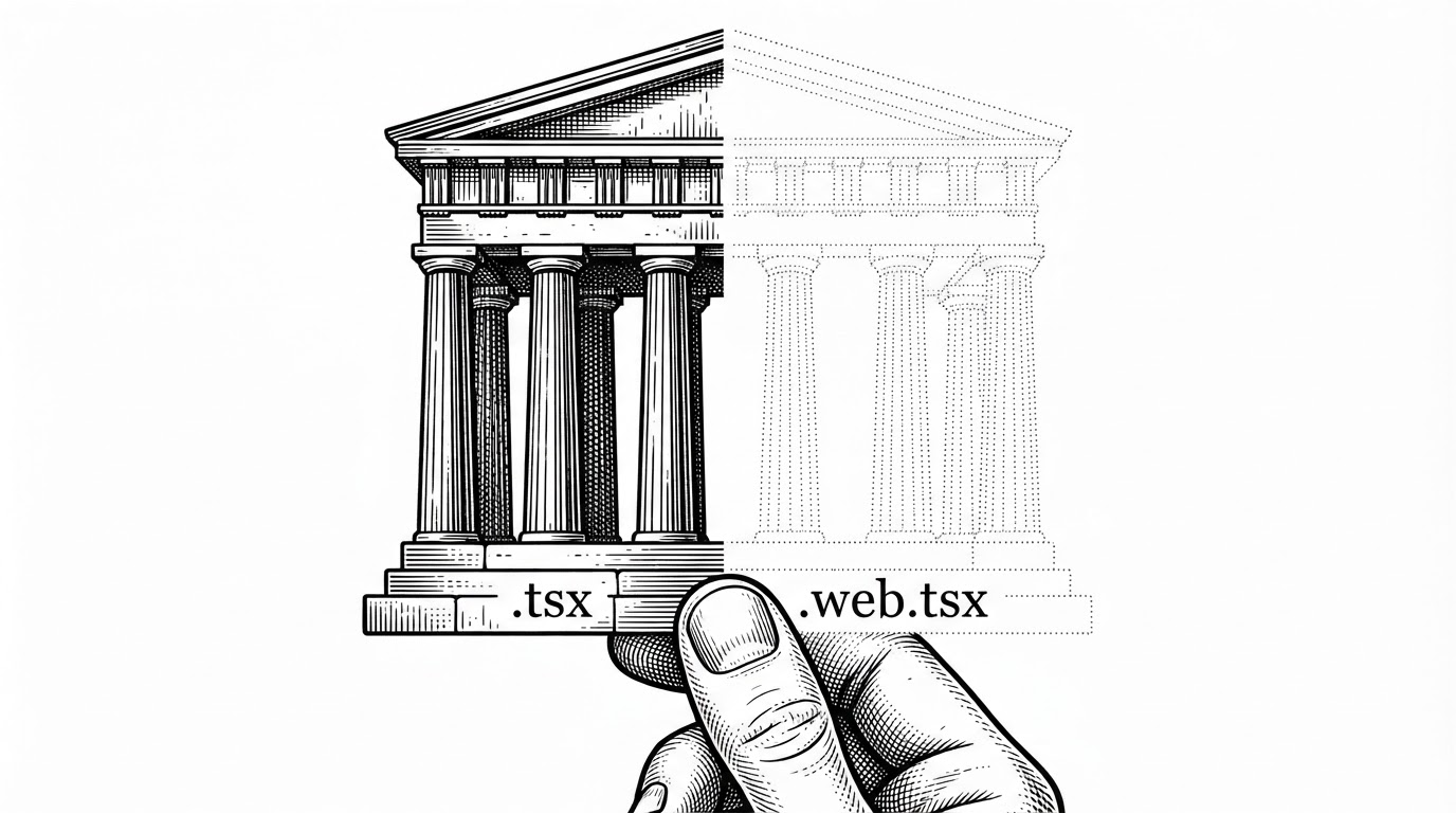 An editorial illustration showing a single component drawn as a small Greek temple front, split down the center. The left half is rendered in solid engraved line and labeled .tsx, the right half as a faint dotted outline of the same shape labeled .web.tsx. A single hand at the bottom of the frame holds both halves and selects one. The image explains how a bundler swaps one file for another based on its suffix.