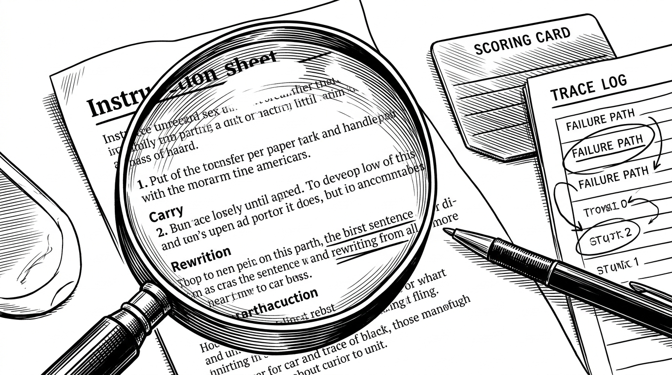 A close-up craftsman's bench shows a single instruction sheet under a magnifying lens, a scoring card, a trace log, and a red pen. One failure path is circled, and the pen points to the exact sentence being rewritten, explaining trace-guided mutation.