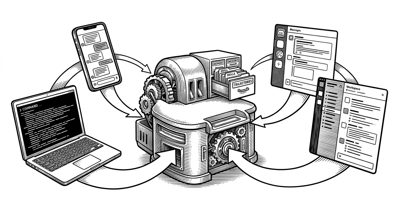 A central machine desk receives messages from multiple channels while filing memory drawers and skill cards behind it. The image explains that Hermes Agent is not just a chatbot surface, but a persistent system that gathers experience and reuses it later.