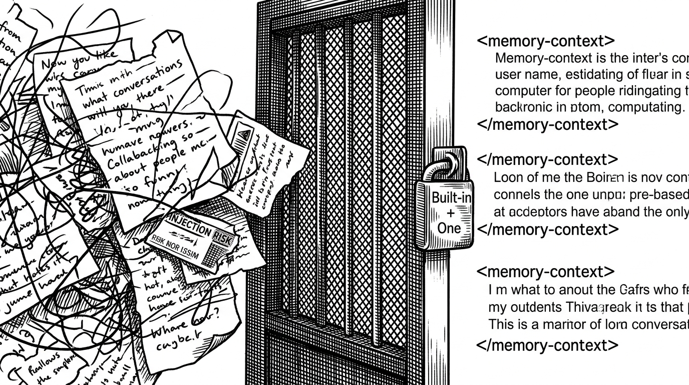 A narrow gate separates raw conversation fragments from a fenced memory block. On one side are scattered notes and warning labels about injection risk, and on the other side are curated facts entering memory tags. The image explains how Hermes filters what the model is allowed to see.