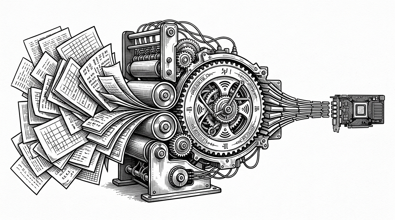 A dense stack of memory frames moves through a mechanical codec machine, then exits as a tighter packet near a small GPU card. The scene explains KVTC’s central idea: transformer memory can be compressed like a signal stream instead of stored as an untouchable blob.