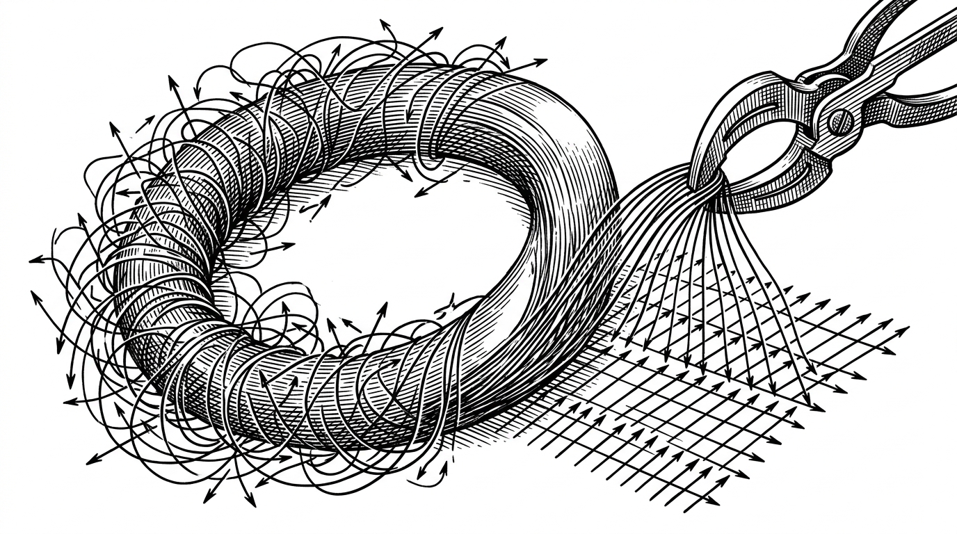 A close-up shows a rotating RoPE ring being unwound by a tool, revealing aligned vectors and a low-rank grid beneath. The image explains why KVTC reverses positional rotation before PCA, so the compressor can see a stable pattern instead of a spinning one.