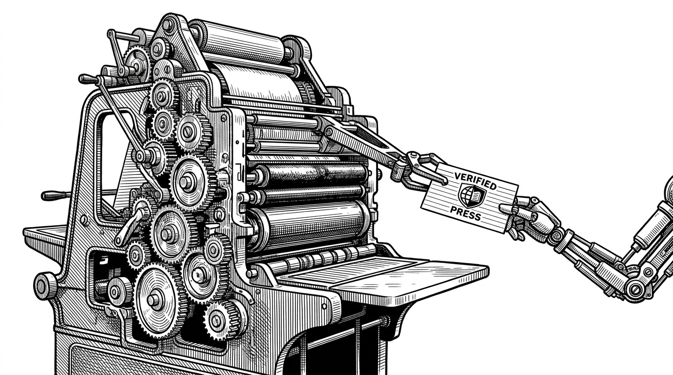 A large vintage printing press handing a single stamped index card to a smaller robotic arm. This represents passing specific context to a sub-agent.