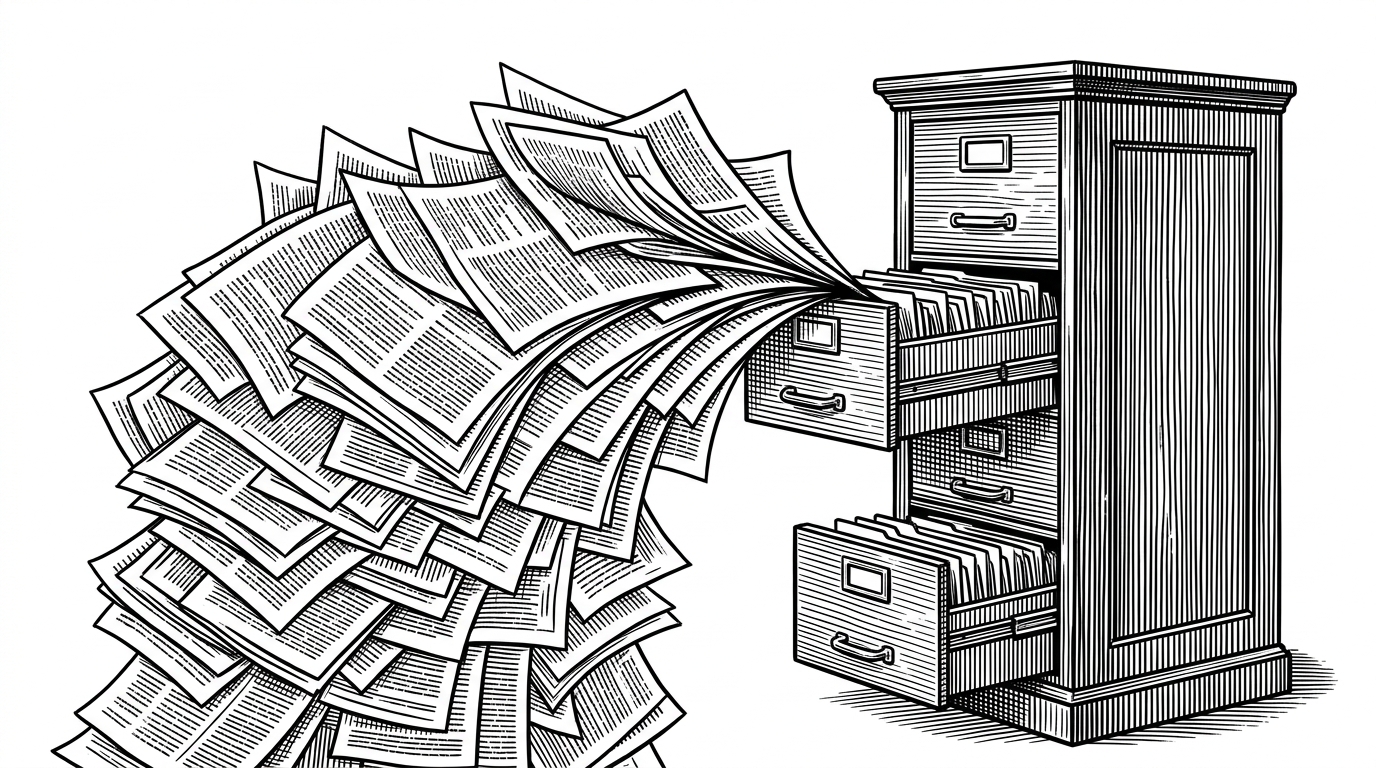 A chaotic pile of paper transcripts being pulled into a highly organized antique wooden filing cabinet. This represents the transition from messy chat logs to structured memory.