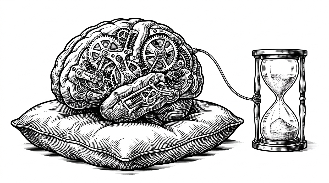 A close-up of a mechanical clockwork brain resting on a tufted velvet pillow, connected to an hourglass. This visualizes the autoDream protocol and scheduled downtime.