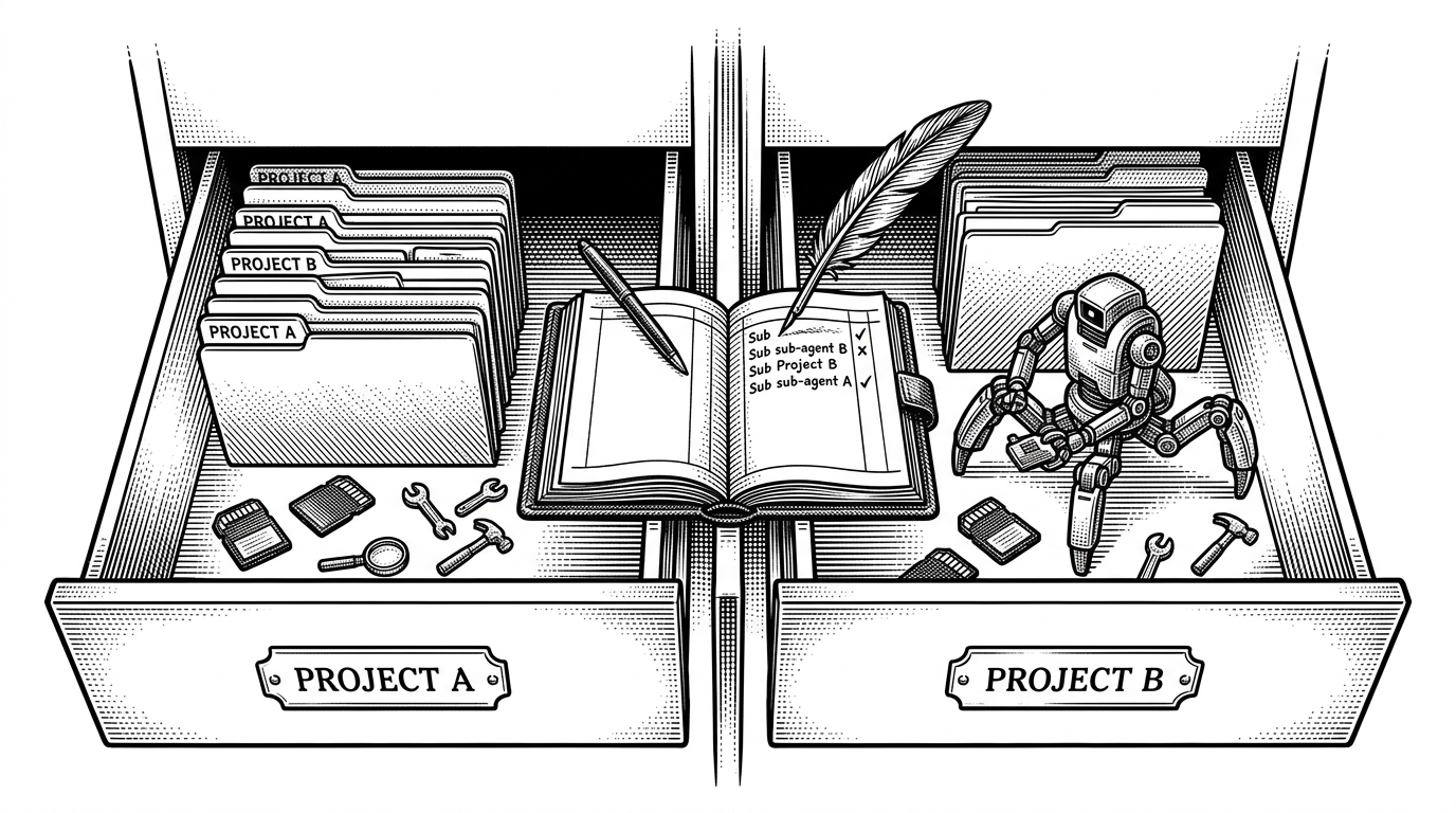 A close-up of two adjacent project drawers, each holding its own files, memory cards, and tool icons. A thin barrier keeps the drawers separate while a sub-agent works inside only one of them, illustrating how PilotDeck isolates project state.