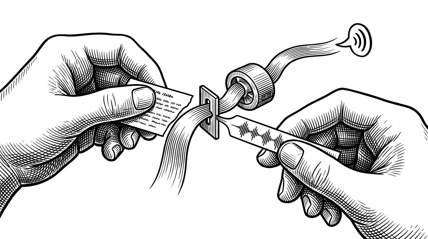 A close-up shows a text prompt card on one side and a strip of waveform on the other, connected by a narrow gate that snaps a flowing signal into a compact latent form. A small forward current pushes the latent toward a speech engine, which illustrates how VoxCPM compresses and translates between semantics and audio.