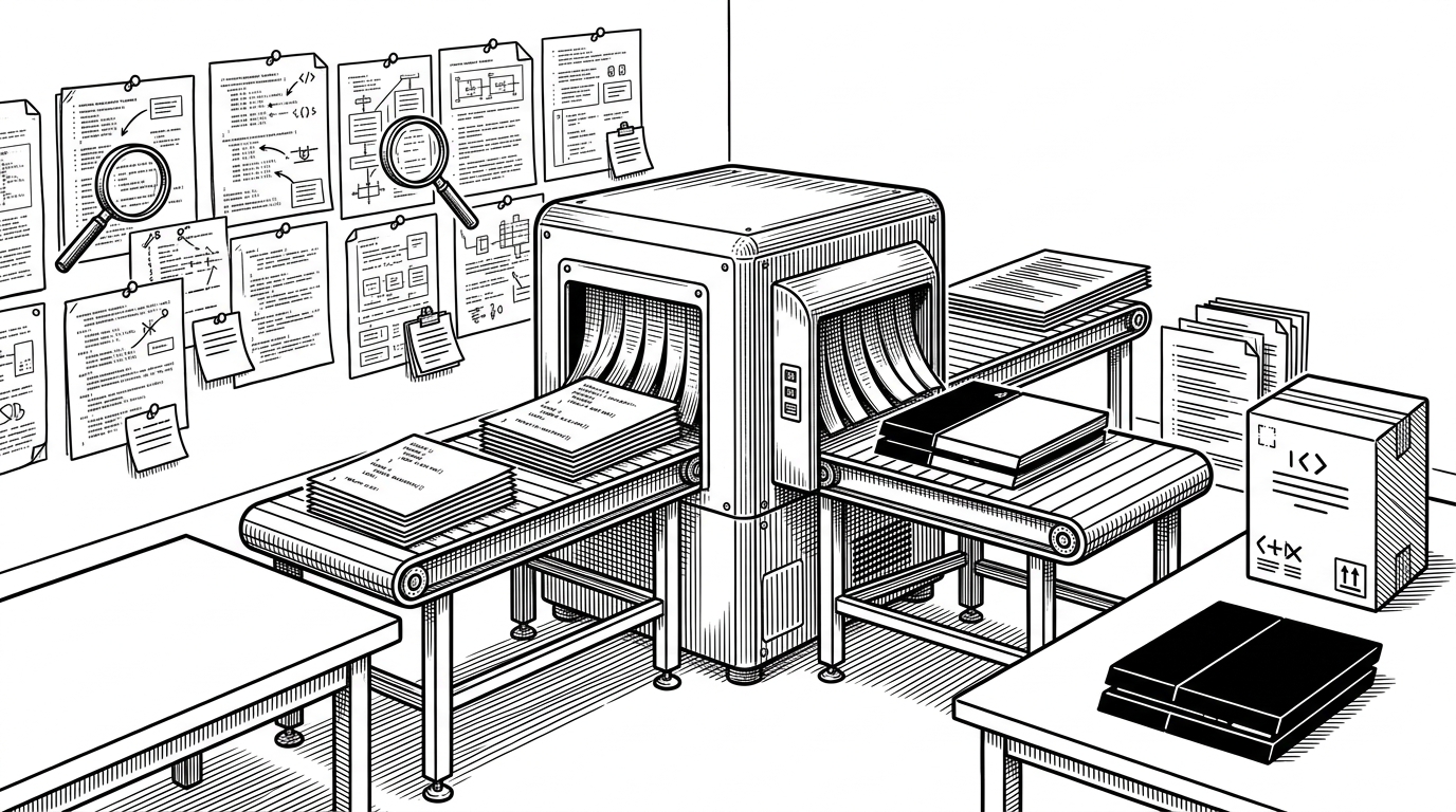 A wide editorial scene shows a clean-room compiler workshop. Source code enters a machine on one side, reverse-engineered headers are pinned to a wall, and a PS4-shaped output shell emerges on the other side beside linker scripts and package files. The image explains how OpenOrbis turns a closed console into a build target through tooling rather than imitation.
