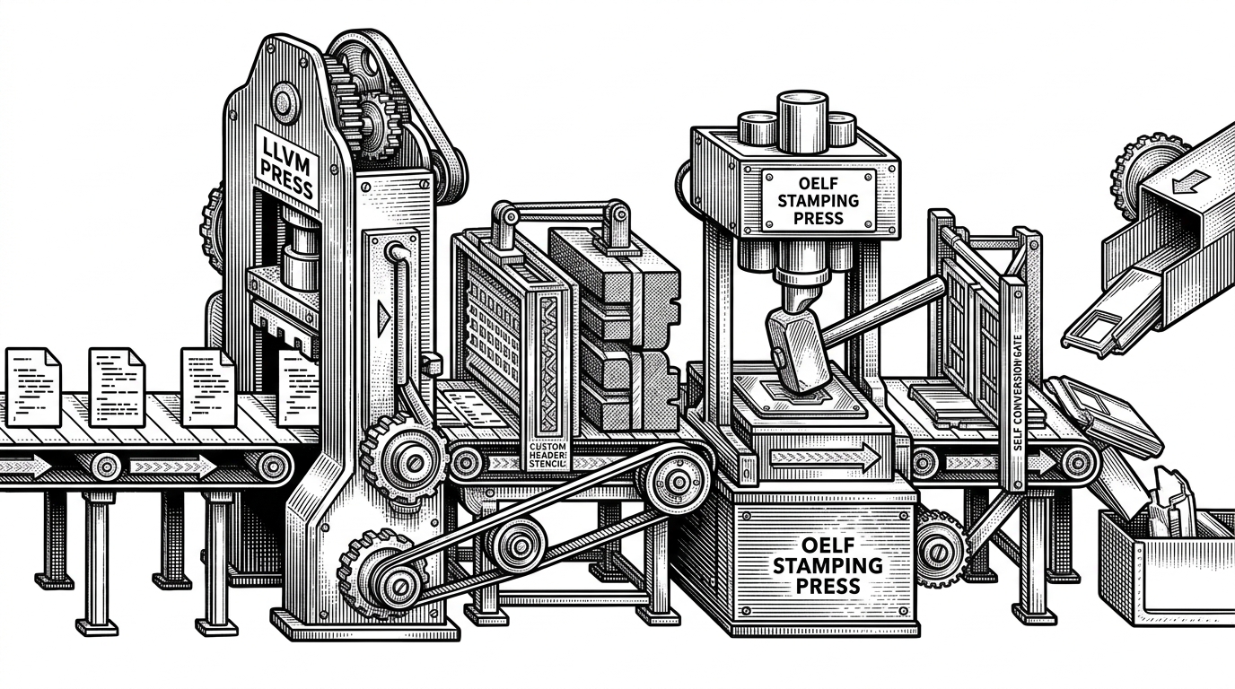 A medium-distance mechanical assembly line converts source files into PS4-ready output. Code pages move through LLVM, custom stubs, an OELF stamping press, then into SELF and package output gates. The illustration explains the build pipeline as a sequence of transformations rather than a single compiler step.