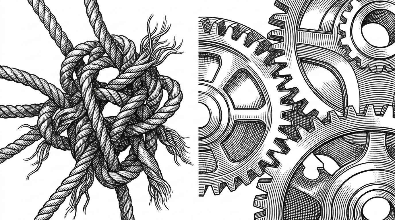 A visual contrast showing a tangled knot of thick ropes on the left and perfectly machined interlocking metal gears on the right, representing CLI scraping versus structured gNMI models.
