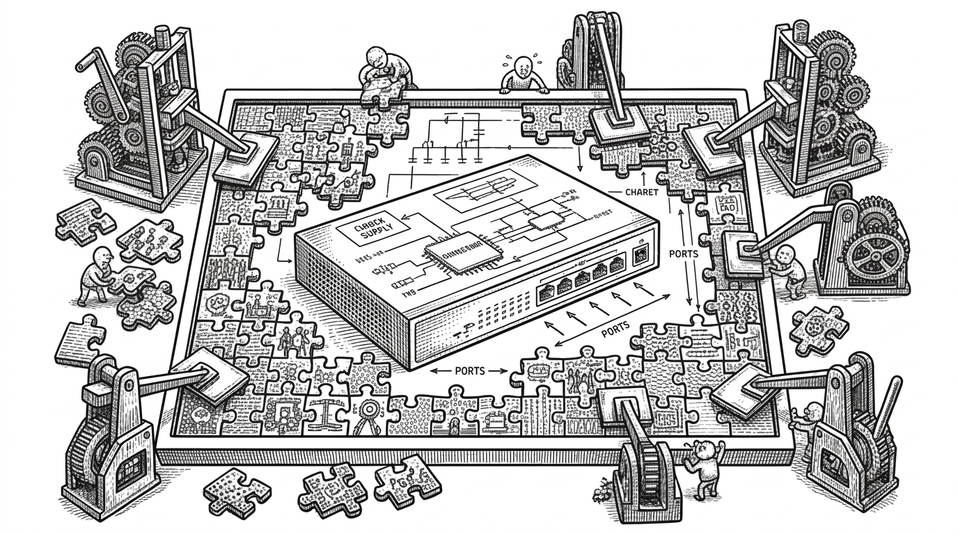 A massive blueprint of a network router being assembled from mismatched puzzle pieces into a uniform frame, representing multi-vendor hardware compliance.