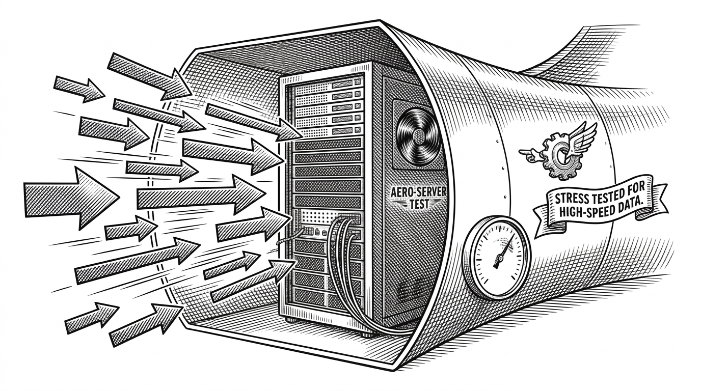 A heavy-duty server rack in a high-speed wind tunnel, blasted by sharp geometric arrows representing data packets, with an analog dial measuring the impact.