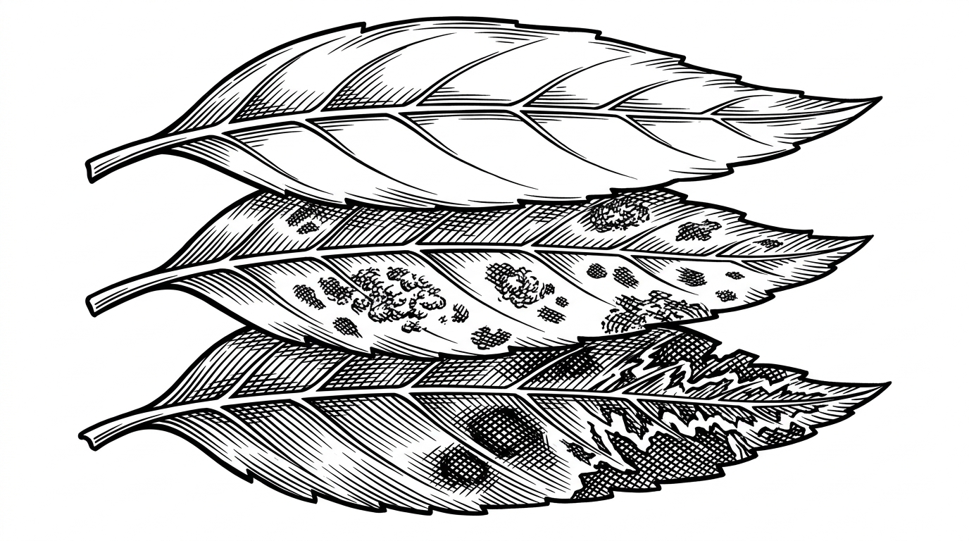 A leaf cross-section is shown as a layered visual stack, moving from edges and veins to spots and clustered texture, then ending in three output labels. The composition explains how convolutional layers progressively turn raw pixels into disease classification.