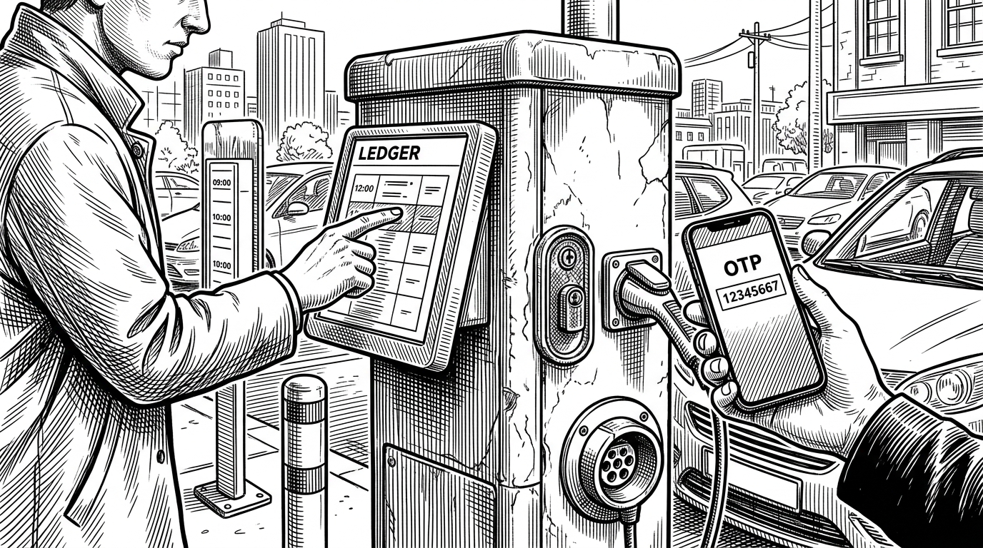 A shared charging post stands at the center of a crowded mechanical scene, with one hand reserving a slot and another holding a phone showing an OTP code. The image explains that EV-Connect is built around coordinating access to a scarce physical resource, not just managing a web form.