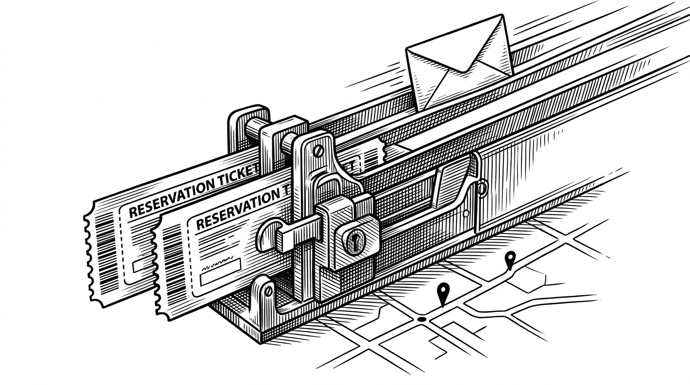 A narrow gate admits one reservation ticket while a duplicate ticket is blocked, and an email envelope travels off on a side track. Beneath the gate, a map layer remains visible, showing that the interface can still function even when the backend is under stress.