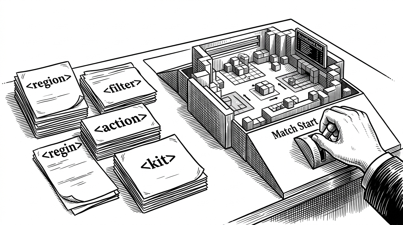 An editorial engraving of an arena control desk where XML tags sit beside a live Minecraft match. The scene explains that PGM turns declarative map data into active game rules, not just static configuration.