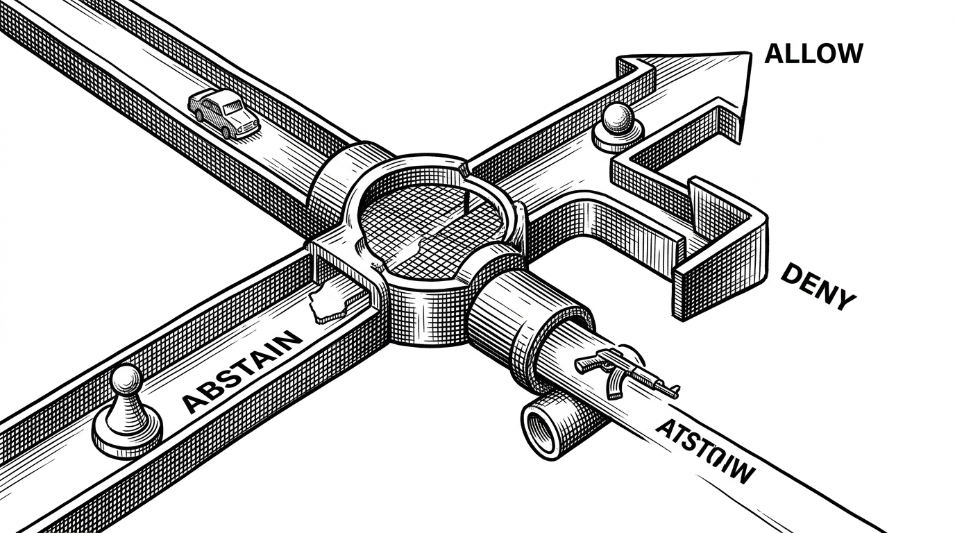 A close-up mechanical logic gate with three branches labeled by behavior rather than color. The image explains how PGM composes ALLOW, DENY, and ABSTAIN without collapsing every decision into a simple yes or no.