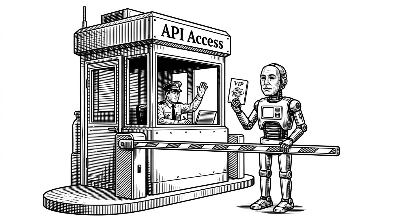 A mechanical robot wearing a human mask passes through an API access toll booth.