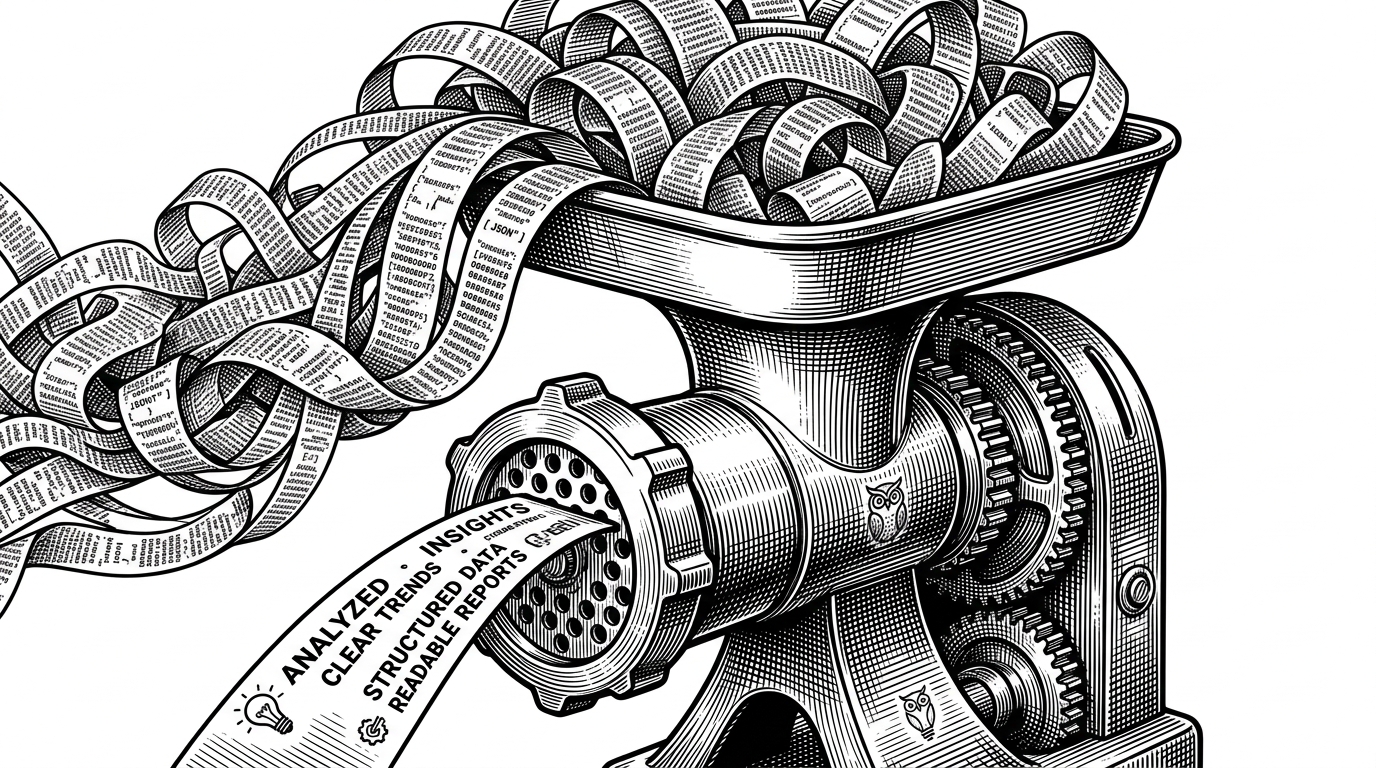 A meat grinder processing messy ticker tape into a clean, readable strip.