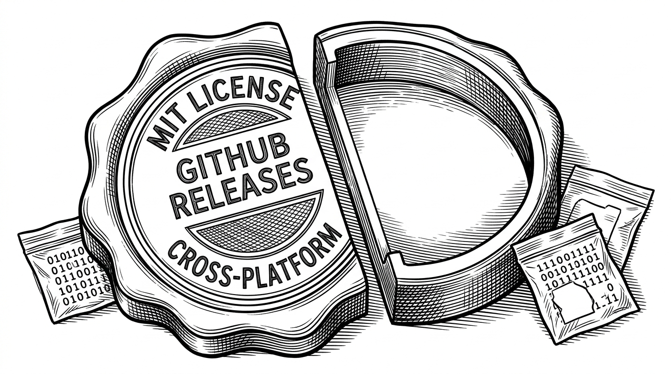 A split trust seal sits in close-up. One half is stamped with visible open-source signals like MIT License, GitHub Releases, and Cross-platform, while the other half opens into an empty chamber where source code would normally be. Small sealed binary files rest beside it like evidence bags.