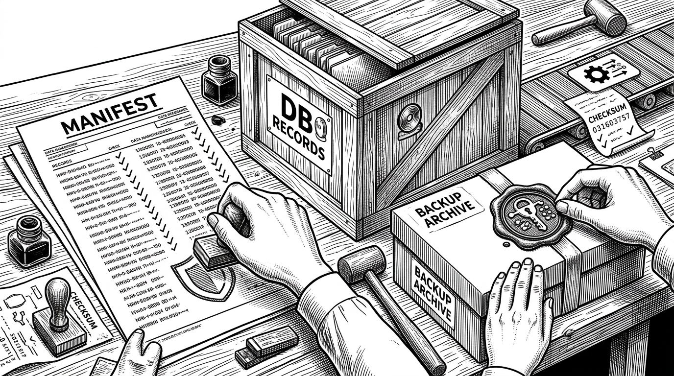 A close-up workbench scene where database records are being stamped, sealed, and packed into labeled crates. A checksum slip and a manifest sheet sit beside a live container, making the backup process feel precise rather than casual. The illustration explains that the repository's backup strategy is application-aware and integrity checked.