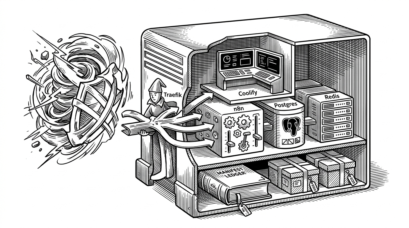 A cutaway view of a single server turned into a compact private cloud. Cloudflare appears as a protective outer shell, Traefik sits at the entry gate, and Coolify oversees n8n, Postgres, Redis, and a backup vault inside. The image explains how one modest VPS can behave like a layered platform instead of a single fragile container host.