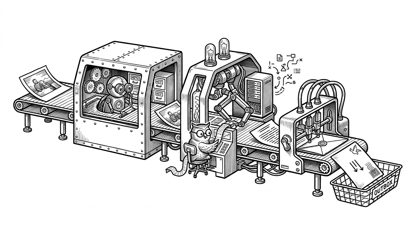 A medium-distance scene of an automation line where an image enters one end of a conveyor and emerges as an email on the other end. In between, the payload passes through a search step, an LLM step, and a routing step, each shown as a distinct station. The image explains how the repository's workflow examples prove the platform is useful, not just neat.