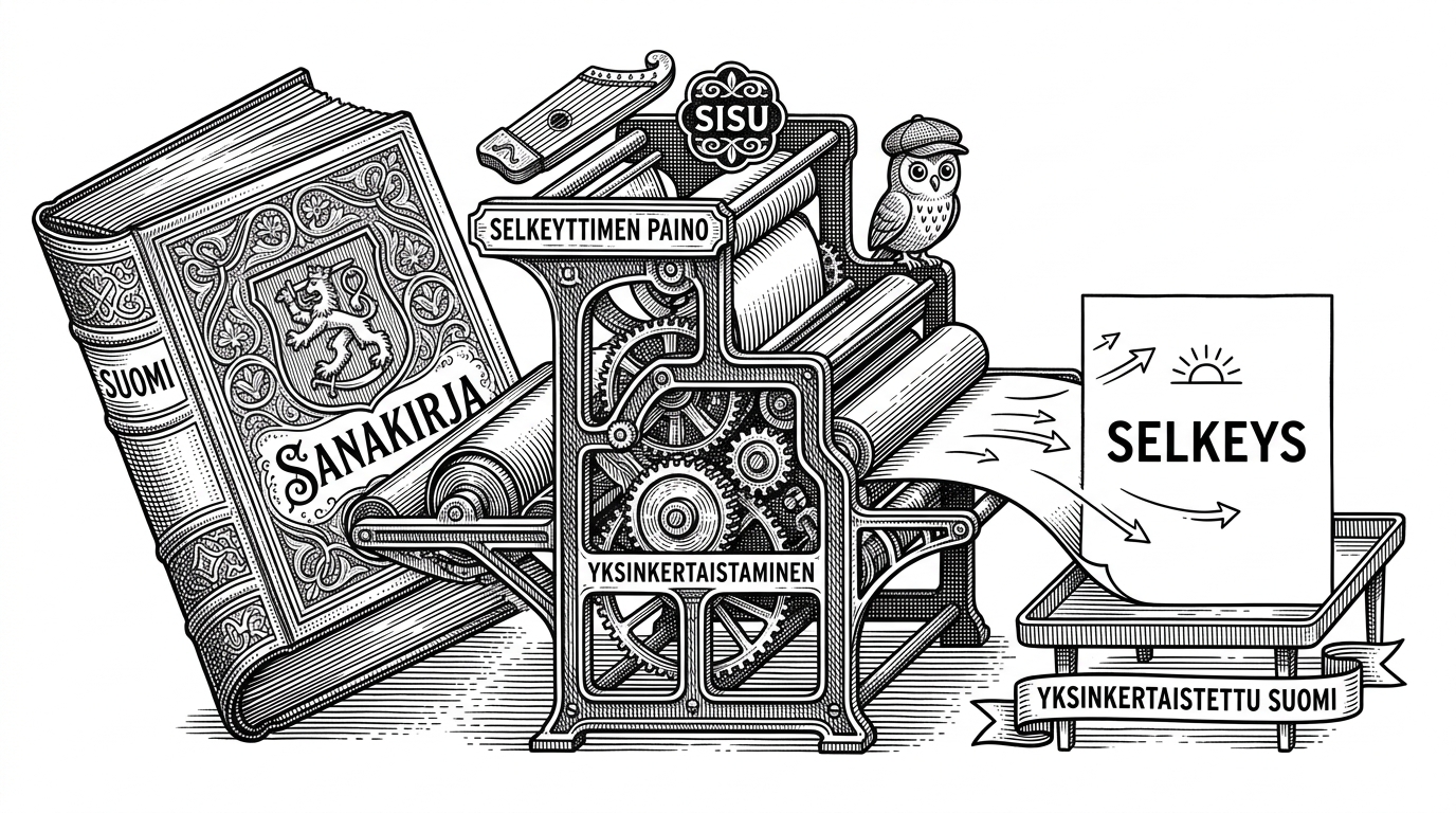 A massive, ornate Finnish dictionary being fed into a sleek minimalist printing press, outputting a single, perfectly clear sheet of paper.