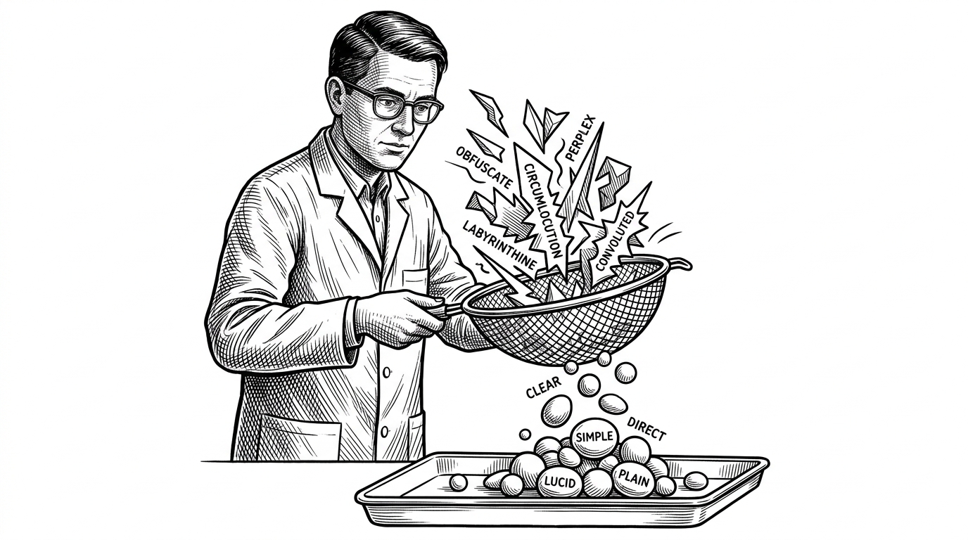 A technician in a lab coat shaking complex, jagged Finnish words through a mesh sieve, leaving only smooth, rounded words below.