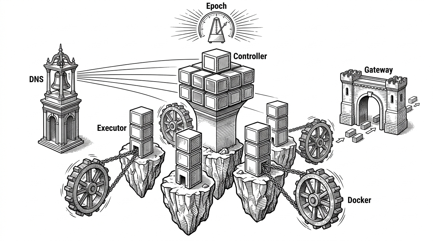 A wide editorial illustration of a control tower made from stacked orchestration modules, with a controller at the top, executors on separate islands, a gateway gatehouse, a DNS tower, and a small epoch dial overseeing the system. It explains that Drove is intentionally modular, with each subsystem holding a narrow responsibility instead of hiding everything behind one giant control plane.