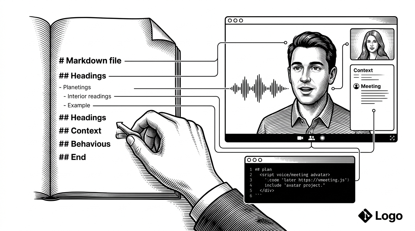 A wide editorial illustration of an open Markdown file on a desk connected by fine lines to a live meeting avatar, voice waveforms, and a calendar window. The scene explains how a skill file can act like a control plane for agent behavior instead of ordinary documentation.