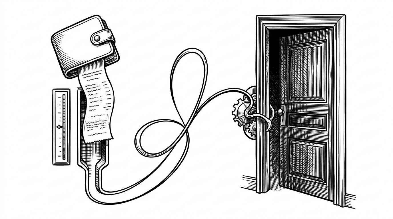 A close-up editorial illustration of a tiny wallet, a credit meter, and a checkout path feeding into a meeting room doorway. The image explains how the skill checks funding before entering a workflow, so billing becomes part of the operating loop rather than an afterthought.
