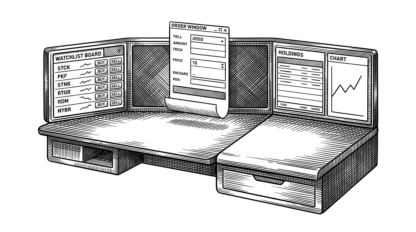 A hand-drawn brokerage desk turned into a modular machine. A watchlist sits on the left, a floating order window hovers in the center, and a holdings panel with charting sits on the right. The image explains how Stockers translates a trading workflow into a simple web interface.