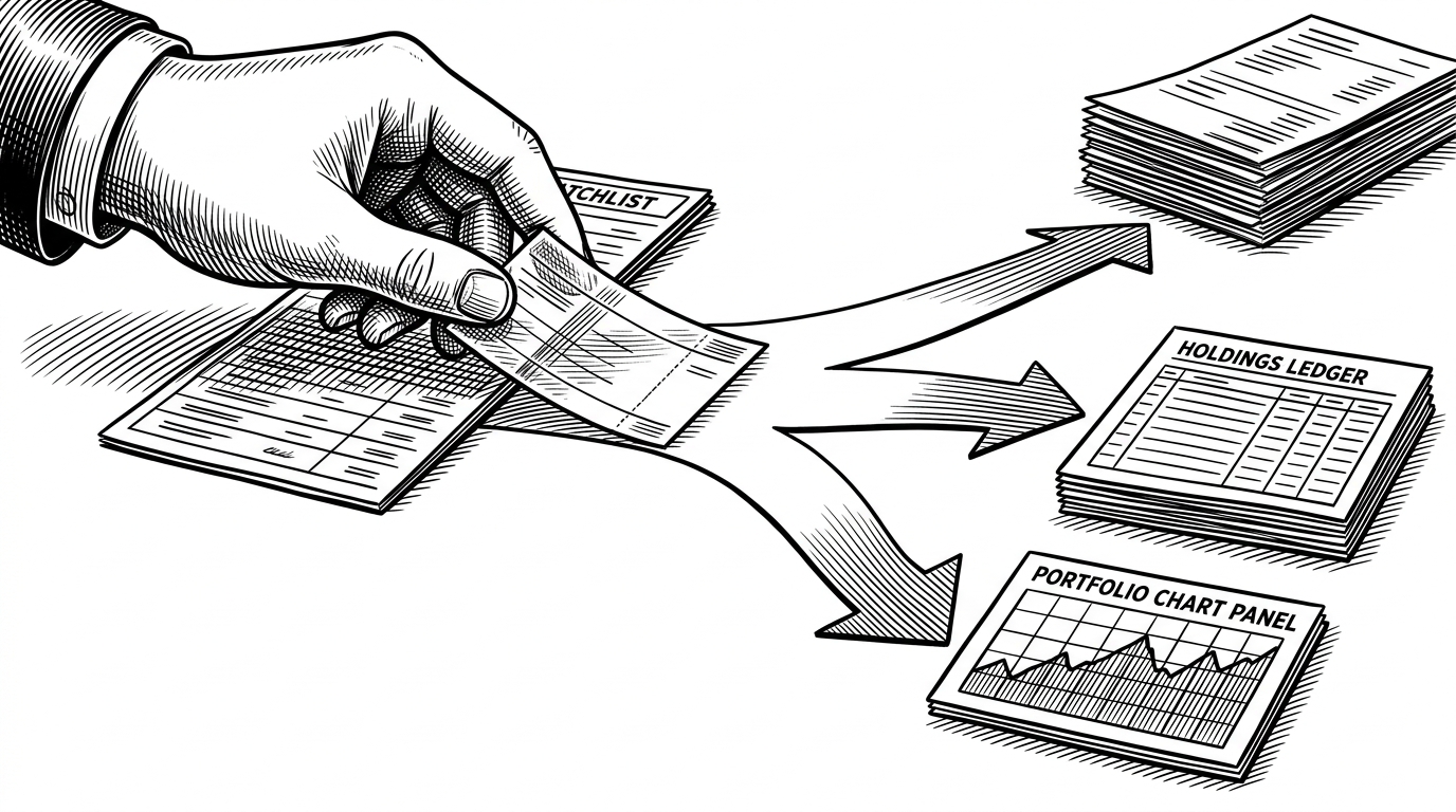 A close-up editorial illustration of a single order ticket moving through a system. The ticket splits into three routes labeled by visual structure only: orders, holdings, and portfolio chart. The image explains how one user action fans out into multiple data updates and views.