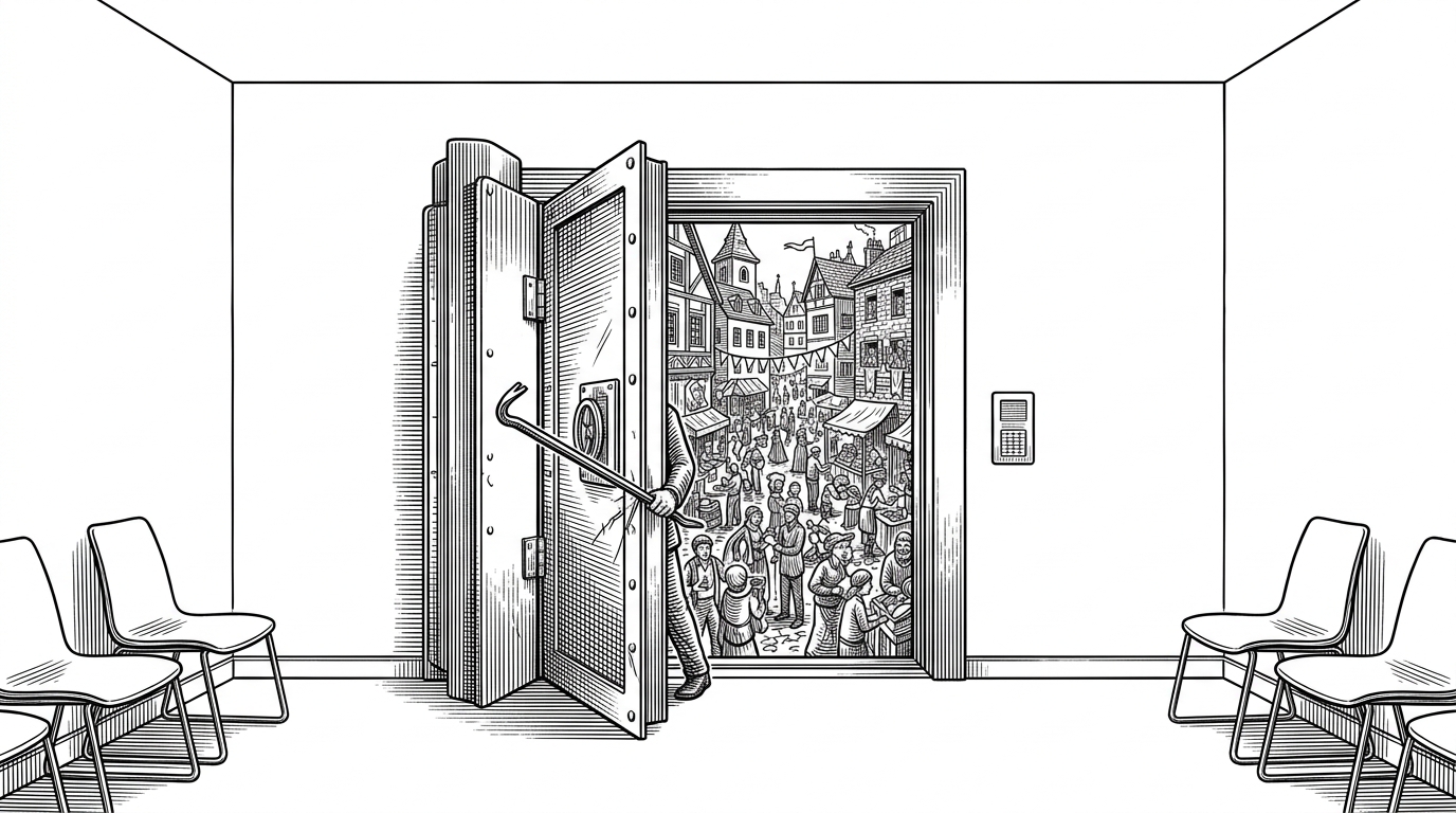 A wide shot of a sterile white waiting room with a prized-open blast door revealing a chaotic, lively town square.
