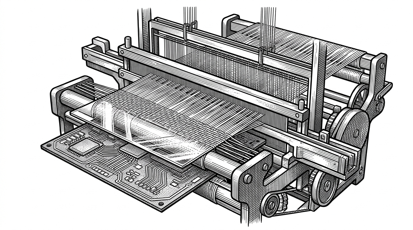 A mechanical loom weaving translucent glass over a rigid circuit board.