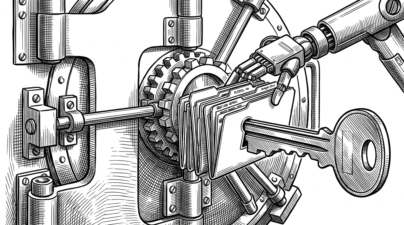 A close-up of a bank vault door mechanism with a robotic arm arranging nested folders before a key is inserted.