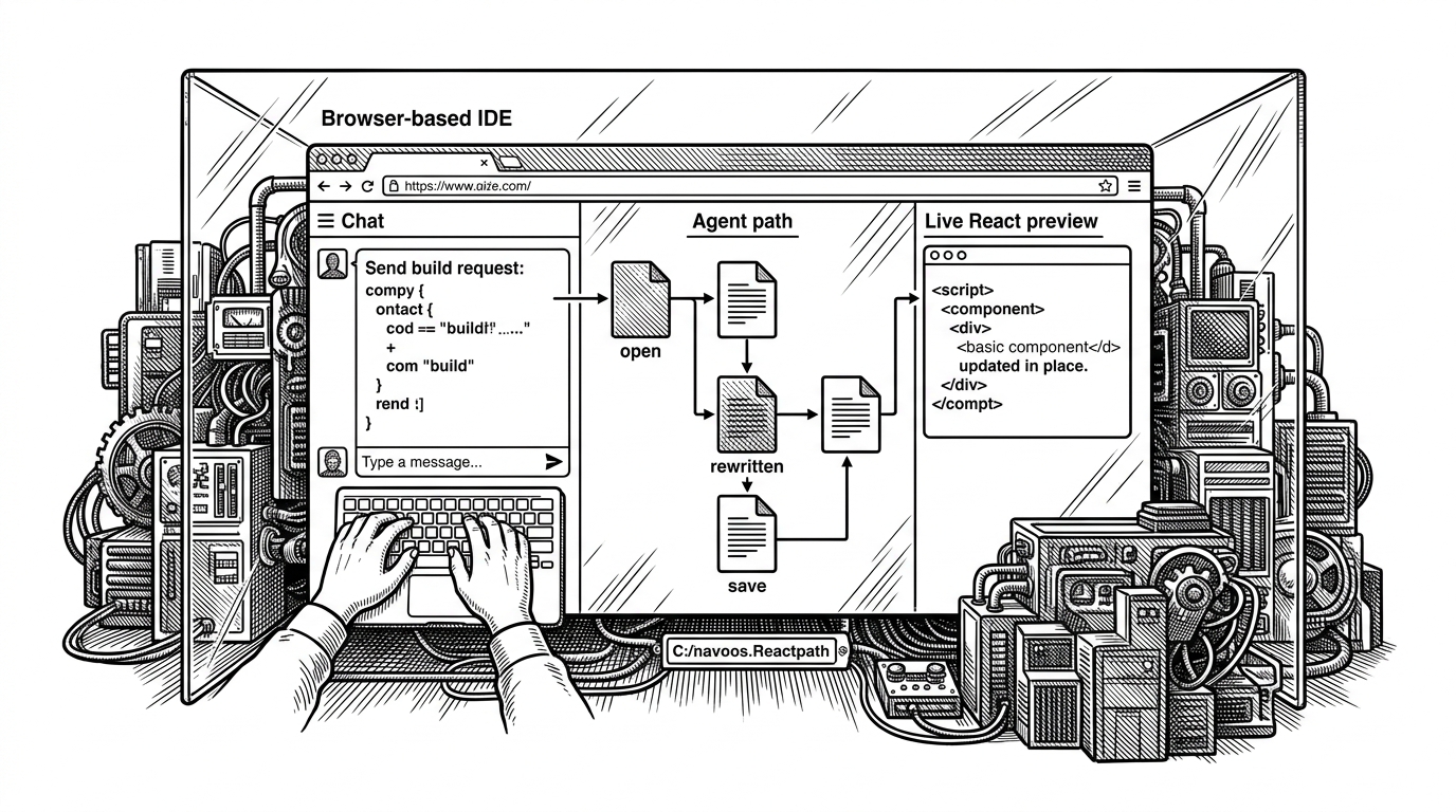 A browser IDE rendered as a control room, with chat on one side, a file-editing path in the middle, and a live preview window on the other. The scene explains that the product is a closed loop from prompt to controlled file changes to immediate visual feedback.
