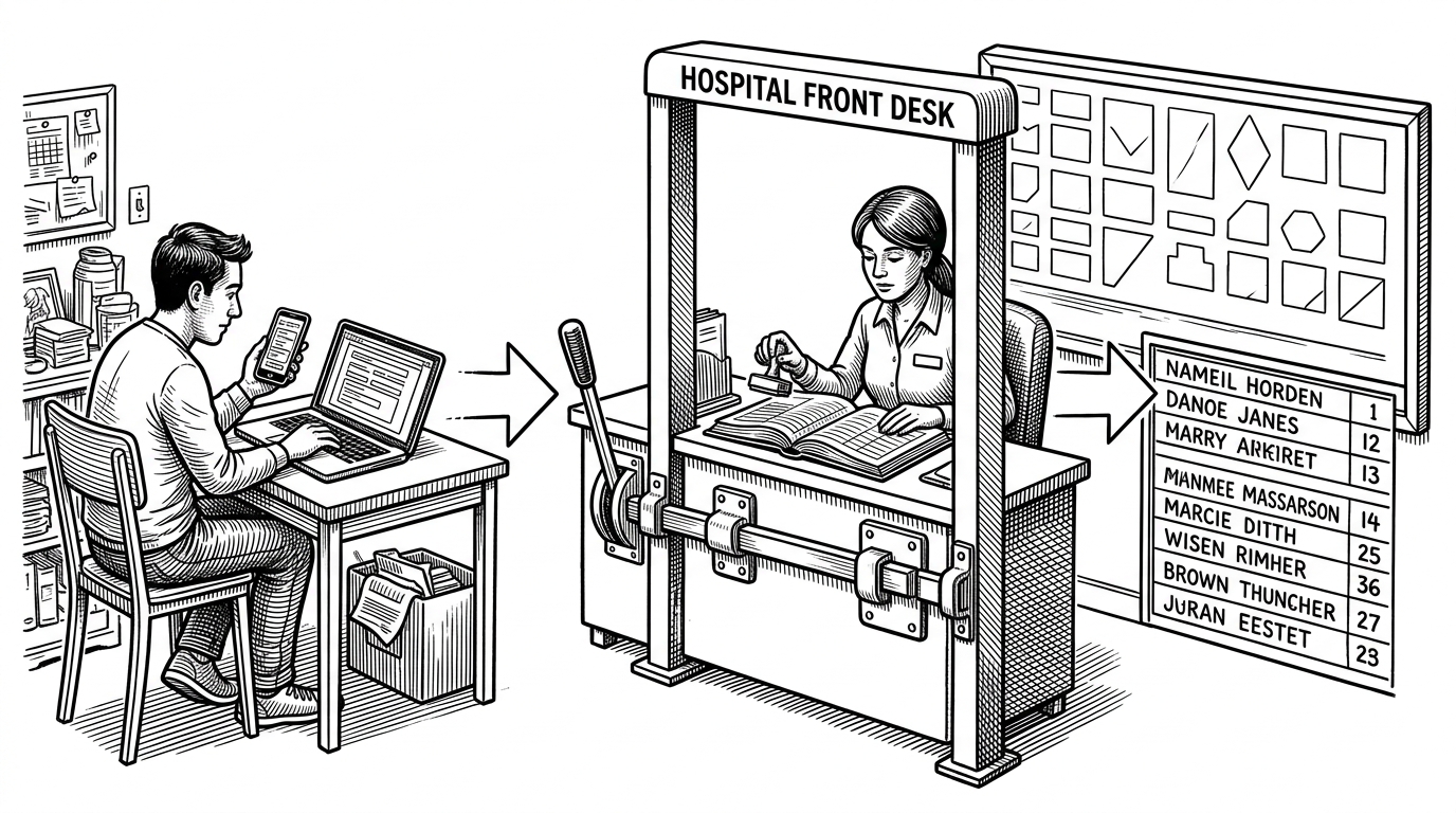 A hospital front desk is drawn as a physical gate between two worlds. On the left, a patient submits a form from a phone at home. In the center, a receptionist controls a lever beside a stamped ledger. On the right, the active queue board only accepts patients after approval. The image explains that self-registration is not the same as entering the live line.