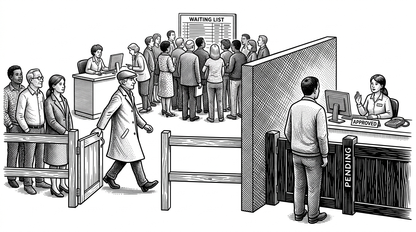 A split scene shows two paths converging into one queue. On one side, a walk-in patient passes directly into the active line. On the other, a self-registered patient waits behind a barrier labeled PENDING until a receptionist releases the latch. The image explains that one system supports two different rules for entering the same queue.