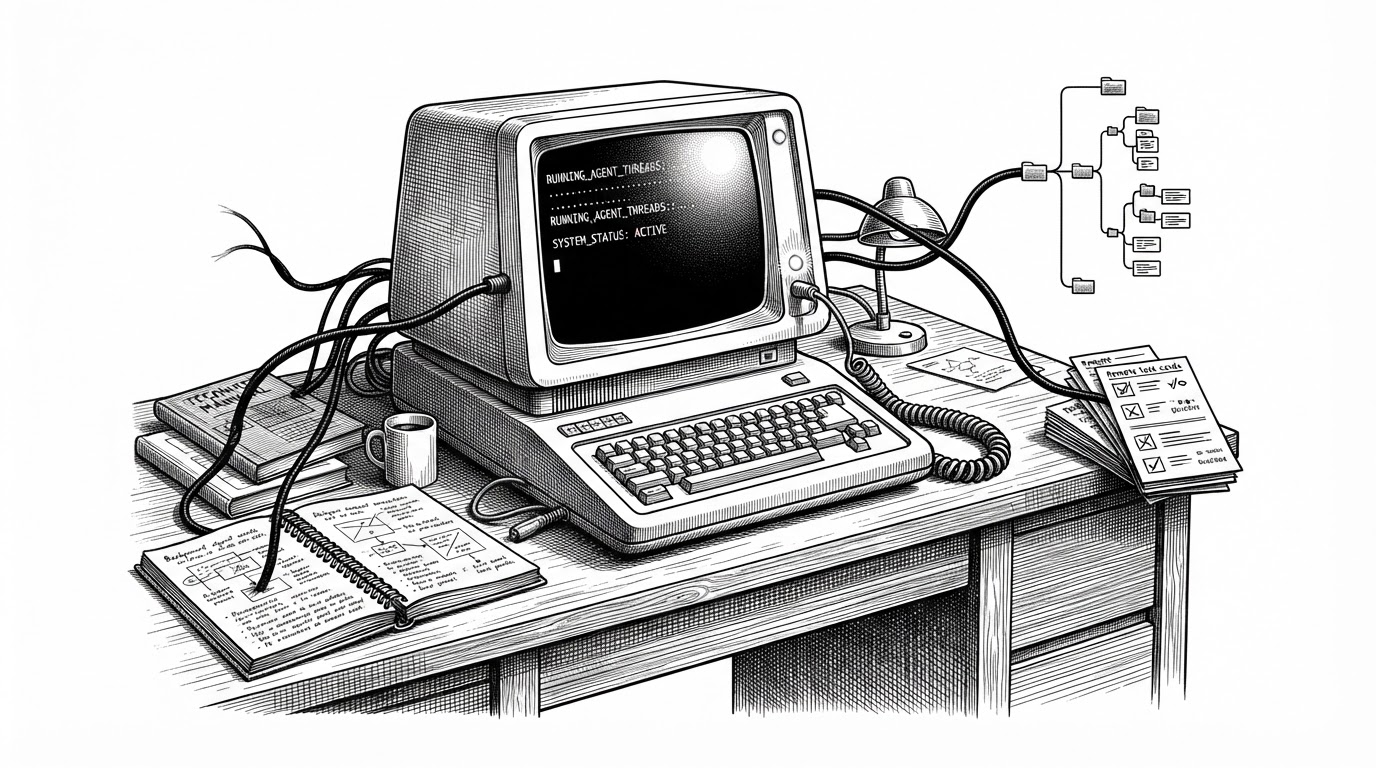 A wide editorial scene of a quiet terminal workstation on a desk, with multiple tethered task threads extending into notebooks, file trees, and remote work cards. The image explains Prime Agent’s core idea: the agent keeps running in the background as a persistent system instead of disappearing after a single chat turn.