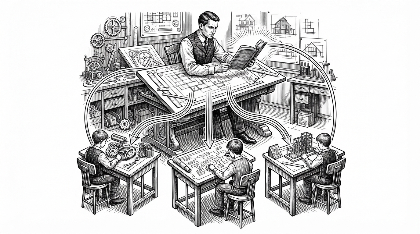 A medium editorial scene of a master agent at a drafting table splitting one problem into several child workstations. Thin return channels carry results back into the parent notebook, showing how recursive delegation stays controlled instead of chaotic.