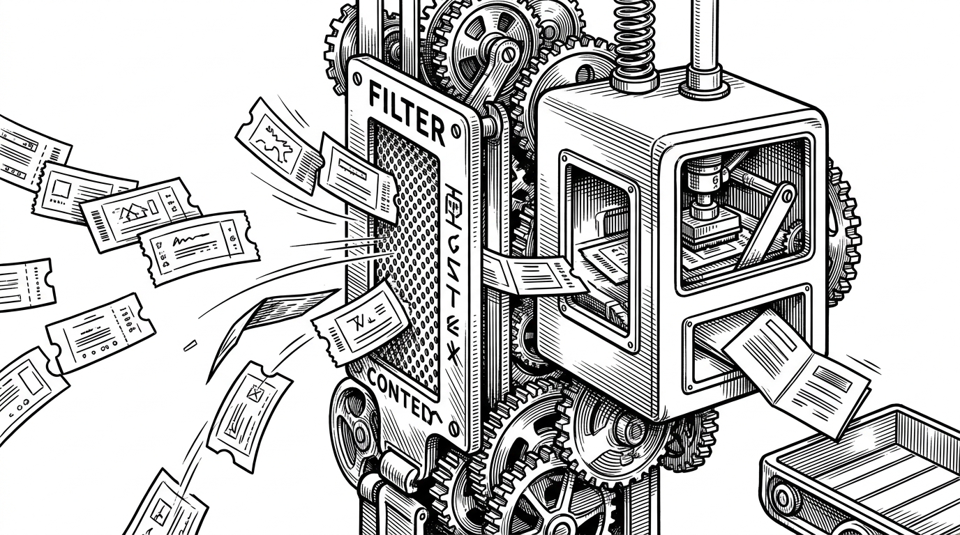 A close-up editorial illustration of event cards entering a narrow gate labeled by implication as context. Approved cards pass into a prompt chamber while other cards bounce away. The image explains how the app limits Gemini to live event data instead of letting it improvise from memory.