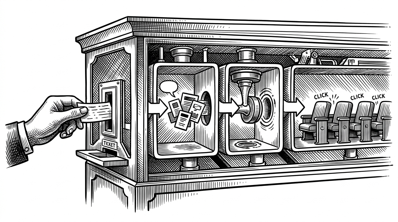 A wide editorial illustration of a ticket booth rendered as a precision machine. A user hands in a booking request on one side, while three chambers inside process it in sequence: an AI prompt chamber, a payment stamp, and a row of seats locking into place. The image explains how the app turns booking into a controlled pipeline instead of a loose collection of features.