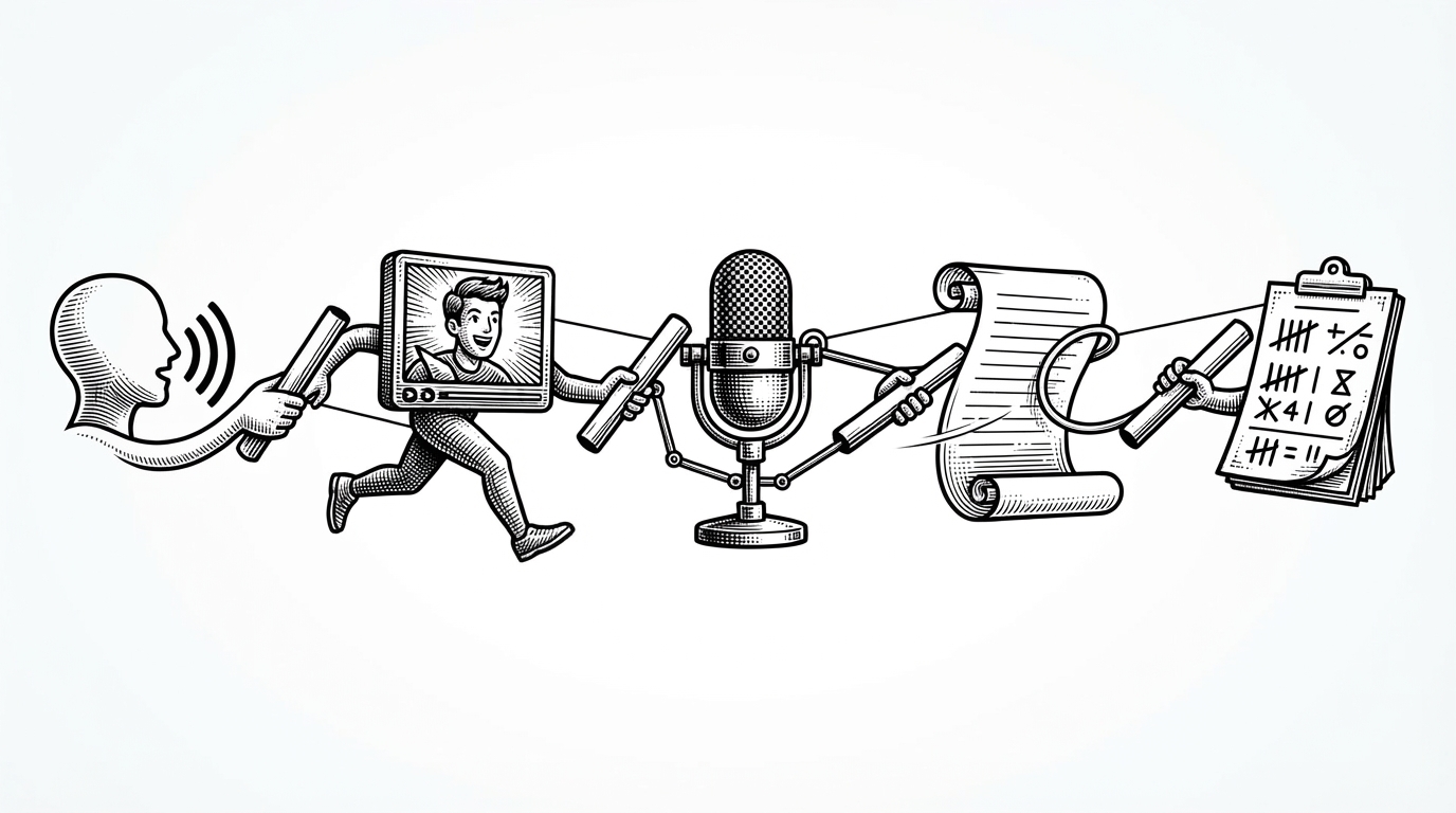 A close-up of browser events passing hand to hand like a relay race, from speech synthesis to avatar playback to microphone activation and transcript capture. It explains how InterviewIQ keeps audio, video, and timing in sync.