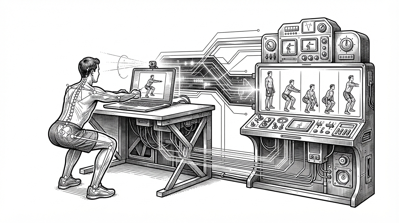 A user sits in front of a laptop camera while pose landmarks and angle arcs are overlaid on their body. On the other side of the composition, the motion is translated into a clean chain of exercise states, showing how raw movement becomes a counted rep.