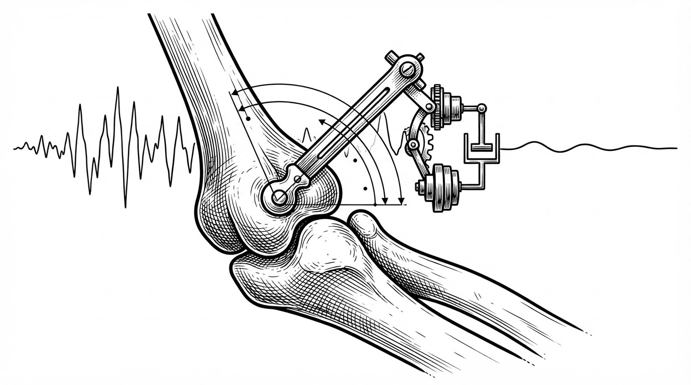 A close-up mechanical drawing shows two bone-like segments forming an elbow with a clean measured arc between them. A jittery waveform in the background is being flattened into a smoother line, illustrating how noisy pose data is stabilized before it becomes a coaching decision.