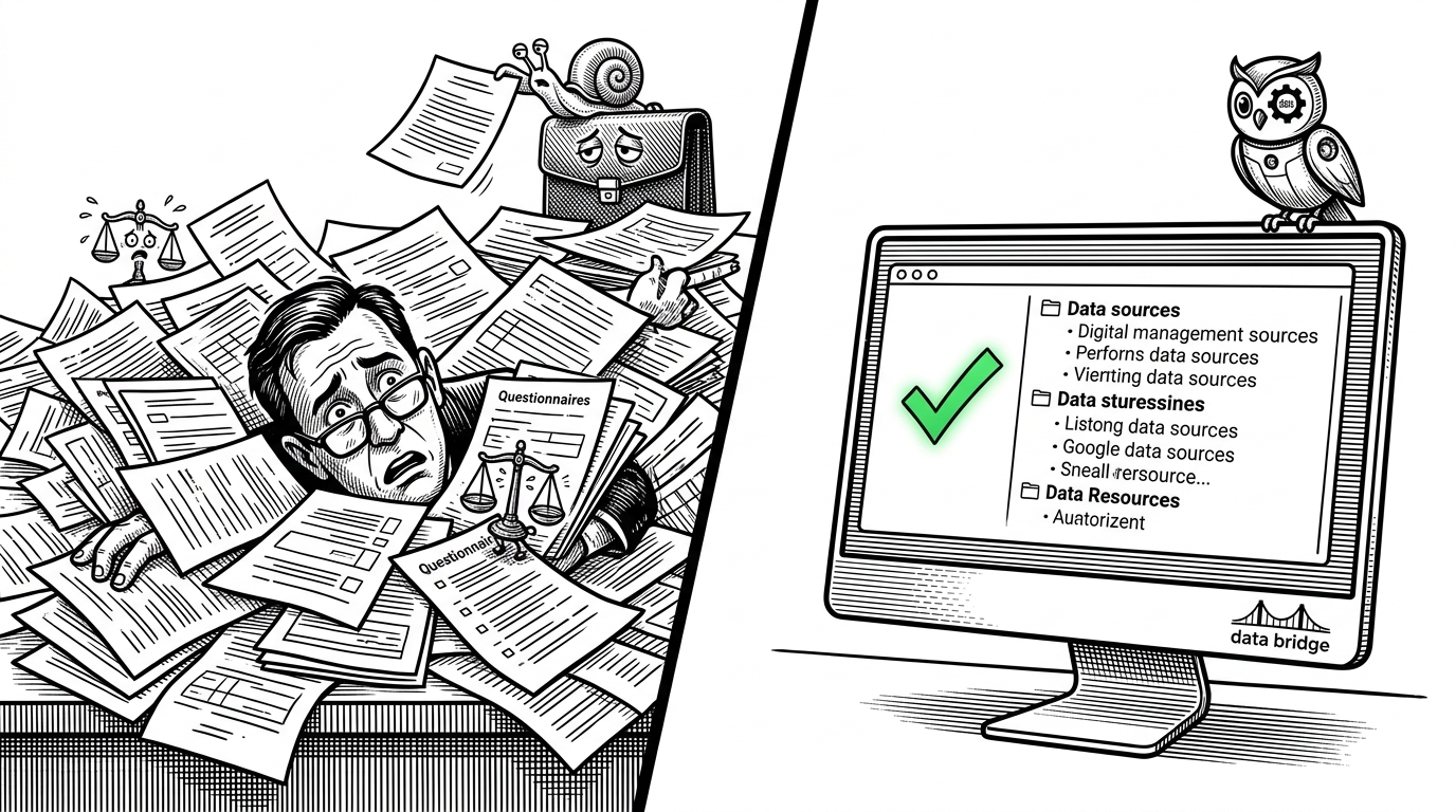 Split screen showing a lawyer buried in paperwork versus a clean terminal window with a passing scan.